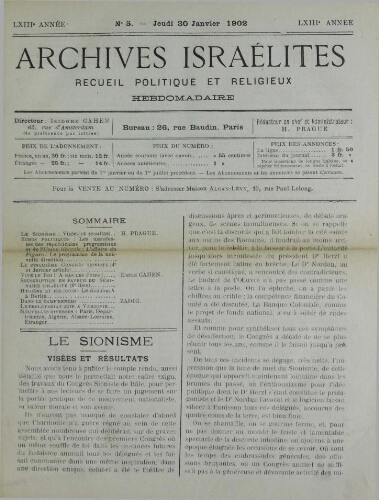 Archives israélites de France. Vol.63 N°05 (30 janv. 1902)